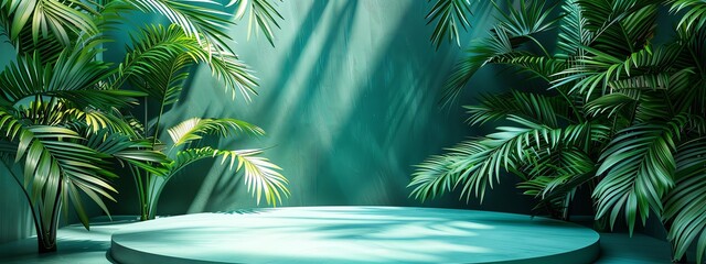 3d rendering of empty podium with green palm leaves.