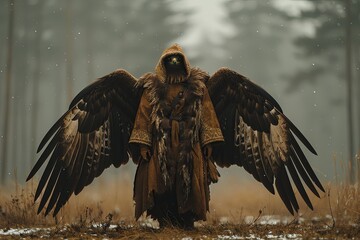 Fototapeta premium Brave Eagle Girl: Enchanting Forest Feathers in Atmospheric Lighting