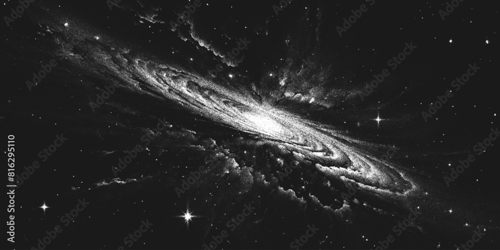 Leinwandbilder deep space scene background in stippling style with huge glowing spiral galaxy in nebula. milky way 