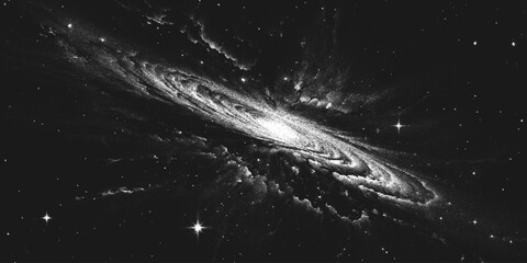 Deep space scene background in stippling style with huge glowing spiral galaxy in nebula. Milky Way galaxy. Retro styled dotwork. Pointillism. Noisy grainy shading using dots. Vector illustration © 3d_kot