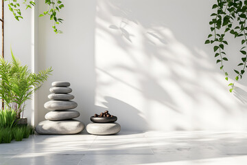 Interior Studio Room, Empty Wall Mockup In Zen Meditation Room With A Serene Nature Feel, Yoga Studio, Natural Stones, 3d Render Real Room Template