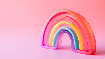 Obraz premium Toy plastic rainbow on a pastel pink background A colored spiral for play and stunts popular in the 90s Minimalism The concept of toys childhood brightness : Generative AI