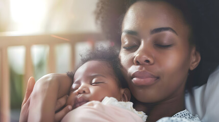 Close up portrait of beautiful young African American  mother holding sleep newborn baby in hospital bed room Healthcare medical love black afro woman lifestyle mothers day breast with : Generative AI