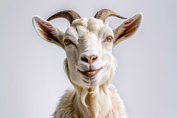 Portrait of a goat with big horns on a white background.