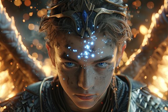 Futuristic Winged Being: Sapphire Fire and Cinematic Lighting Portrait