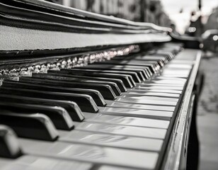 A blackandwhite photo showcasing the elegant style of a piano keyboard, reminiscent of urban design and monochrome photography in the city