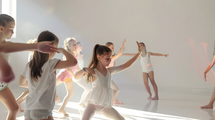 Group of kids having dance class Woman teacher teaches girls ballet like movements Children dancers...