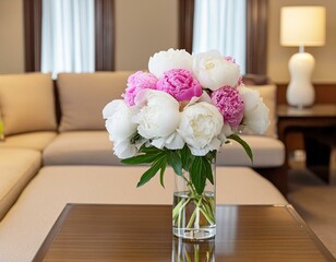 A bouquet of white and pink peonies in a glass vase placed on a table in a hotel room.