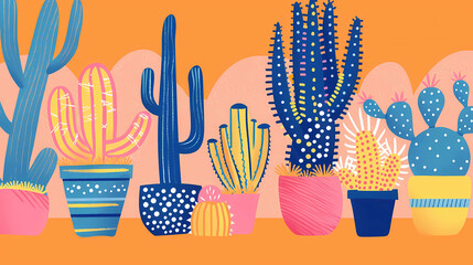 Brightly colored pop-art illustration of cactus plants in pots