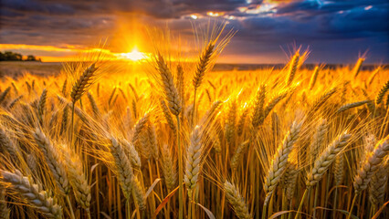 Field of barley against bright yellow lighting