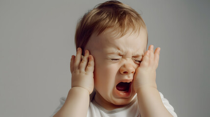 Little toddler boy has earache when insects inside isolated on grey background26 years old baby boy hands touching in ear and screaming : Generative AI