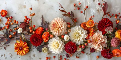  floral skull on isolated white background Colorful bouquet of autumn flowers on wooden rustic background.