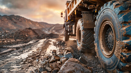 Fototapeta premium Close-Up of Truck's Sturdy Tires on Rugged Terrain