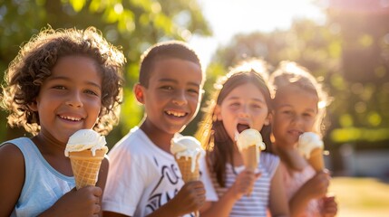 A cheerful group of four children, boys and girls of various ethnicities, savoring ice cream cones on a bright and sunny afternoon