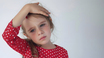 Child with headache holding hand on forehead on white background caucasian little girl 56 years in red looking at camera : Generative AI