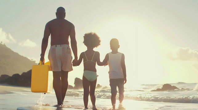 Rear view of african american family with swimming float cooler walking at beach towards seascape Copy space unaltered parents together childhood picnic nature vacation enjoyment summe : Generative AI