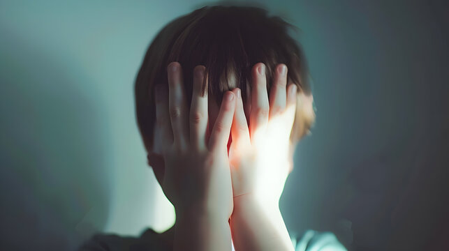 Unhappy kid boy hands hides his face child mental health concept world autism awareness day teen autism spectrum disorder awareness concept : Generative AI - Powered by Adobe