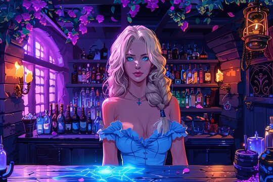 Cozy Tavern Key Art: D&D Style Scene with Barmaid