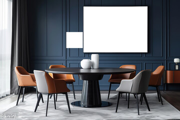 Business interior design mockup of dining room featuring round dining table, leather chairs and abstract art work framed picture against dark blue wall
