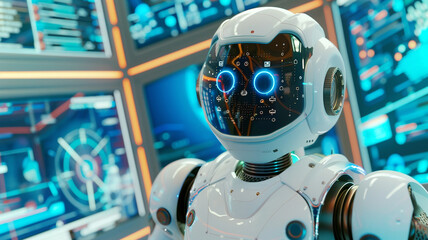 Thinking AI humanoid robot analyzing information data in concept of artificial intelligence by machine learning process for 4th fourth industrial revolution . 3D illustration.