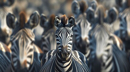 Standing out from the crowd concept with Zebra in heard of horses