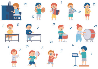 音楽室の楽器を演奏する小学生のイラスト