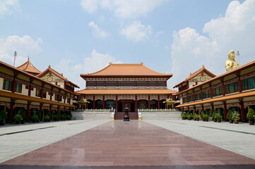 Fototapeta premium BANGKOK, THAILAND - May 16, 2024: Views of Fo Guang Shan Temple Bangkok with blue sky background is one of famous tourist attractions in Thailand.