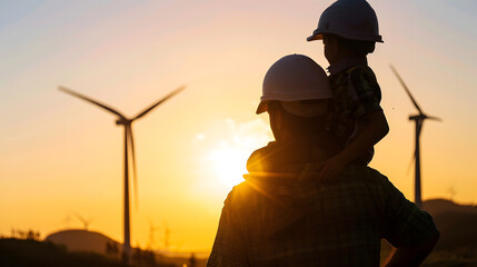 Silhouette of father and son with clipping path in hard hat Happy dad carrying son on shoulders checking project at wind farm site on sunset in evening time : Generative AI