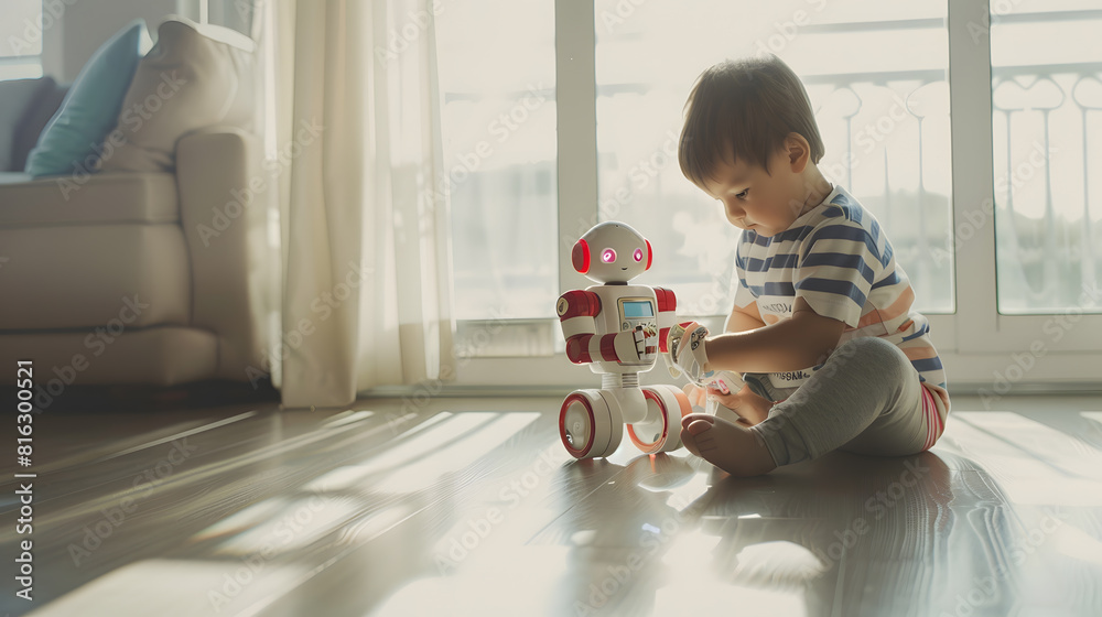 Aufkleber Happy child with toy robot Funny kid playing at home Education creative artificial intelligence and innovation technology concept : Generative AI