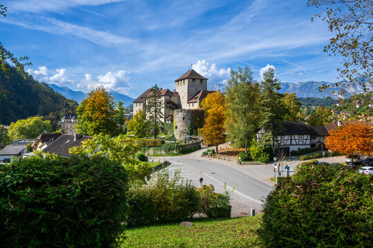 The city of Feldkirch with Castle Schattenburg and Swiss Mountains in the background, State of Vorarlberg, Austria.