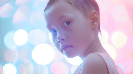 Fototapeta premium Little girl after chemotherapy in clinic Childhood cancer awareness concept : Generative AI