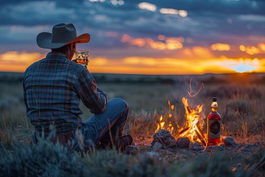Dramatic Cowboy Whiskey Night: Homoerotic Campfire Under Stars