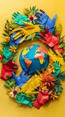 World Population Day. A colorful paper cut out of hands surrounding the earth.