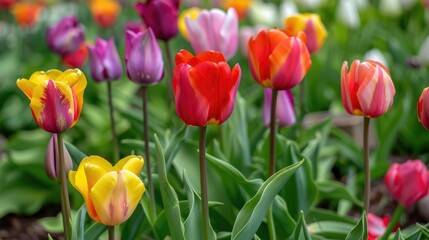 Colorful tulip flowers in a German flower garden seen up close