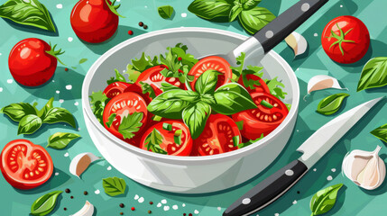Colorful vector illustration of fresh salad ingredients including tomatoes, cucumbers, and lettuce.