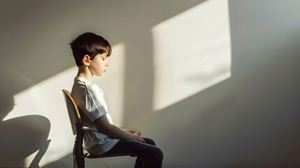 Sad preteen boy sitting alone in chair facing wall depressedintrovert  autism awareness children mental healthpsychology teen autism spectrum disorder social distancing self isolation  : Generative AI
