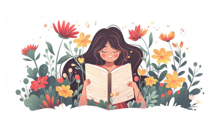 A Girl Enjoying Book with Floral Background