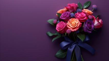 Bouquet of flowers with blue rope on purple background
