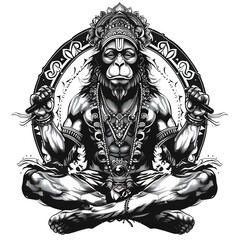 "Black and White Illustration of Hanuman in Meditation with Transparent Background"