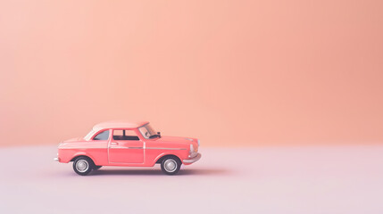 Model retro toy car on pink peach background Miniature car with copy space : Generative AI