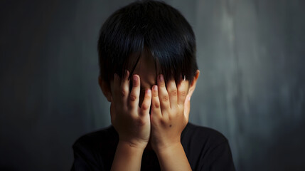 Boy shouts covered his face with his hands Stressed child Domestic Family violence and aggression concept violence concept for bullying depression stress or frustration : Generative AI