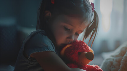 Close up lonely little girl hugging toy sitting at home alone upset unhappy child waiting for...