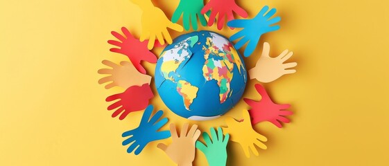 World Population Day. A colorful paper cut out of hands surrounding the earth. World day as diverse cultures and multiculturalism society.
