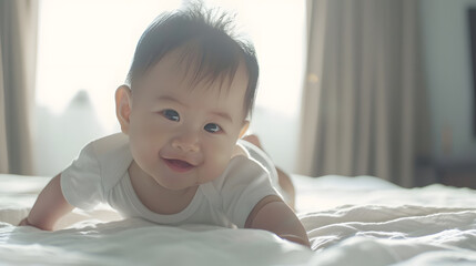Happy Asian baby start to crawling on a bed at home Adorable development 5 months old Baby healthcare hygiene concept : Generative AI