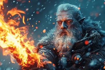 Obraz premium Fury Forged: Fantasy Dwarf King wielding Fiery Weapon in Intricate Digital Art