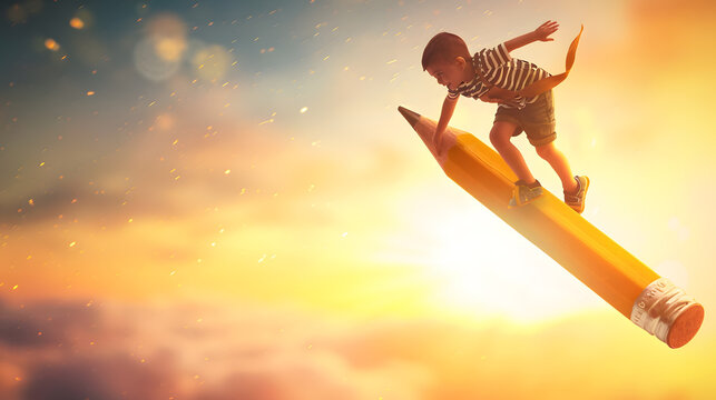 Back to school Happy cute industrious child flying on the pencil on background of sunset sky Concept of education and reading The development of the imagination : Generative AI