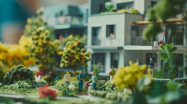 A scene of a housing cooperative, with residents working together on home improvements and garden maintenance in a shared living space, Close up