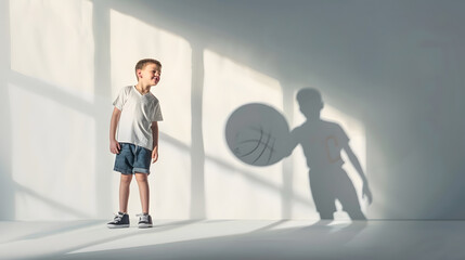 Dreams about big and famous future Conceptual image with little boy and shadow of male basketball player on light gray background Childhood dreams imagination education concept Looks h : Generative AI