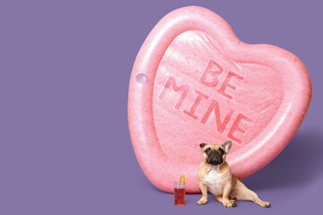Cute French bulldog with glass of cocktail and inflatable mattress with phrase BE MINE on purple...