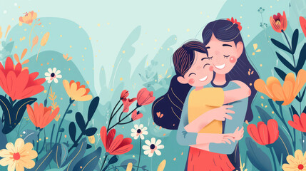Mother's Day Celebration, Mom Hugging Daughter with Flowers